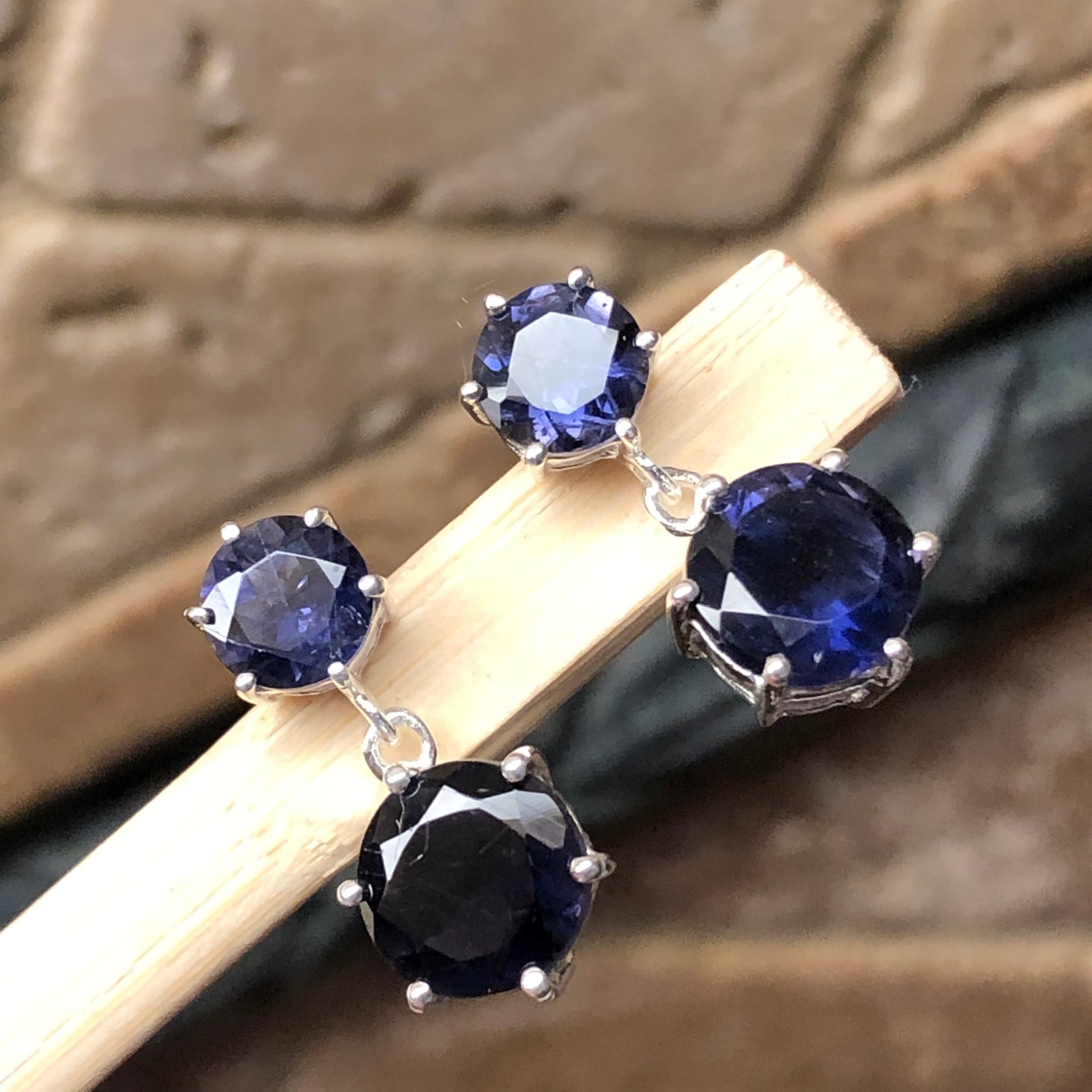 Natural 2.5ct Iolite 925 Solid Sterling Silver Earrings 18mm - Natural Rocks by Kala