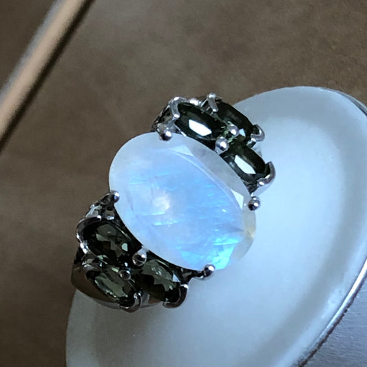 Genuine Rainbow Moonstone, Green Tourmaline 925 Solid Sterling Silver Wedding Ring Size 6, 7, 8, 9 - Natural Rocks by Kala