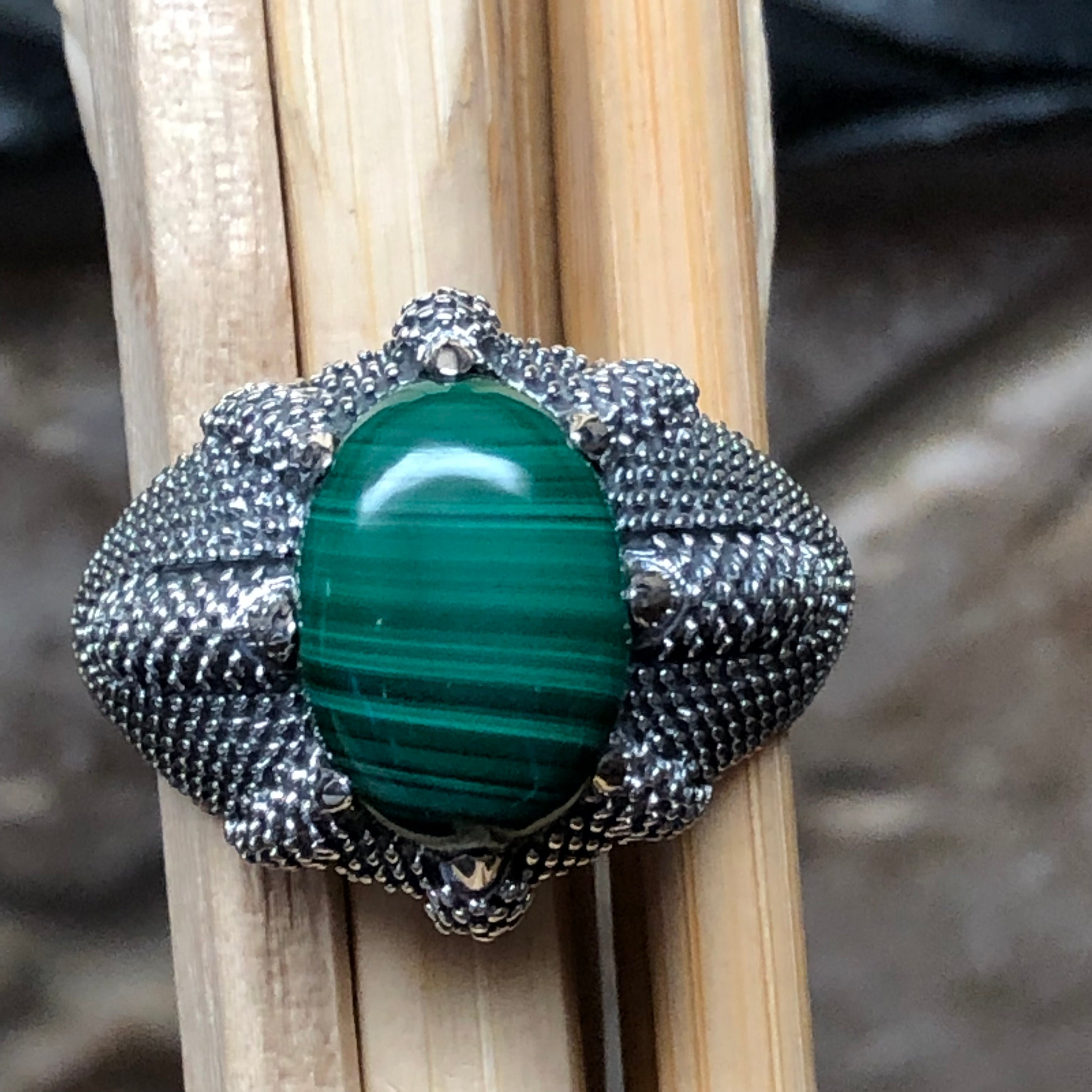 Natural Green Malachite 925 Solid Sterling Silver Men's Ring Size 8, 9, 10, 11, 12 - Natural Rocks by Kala