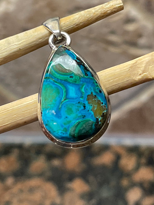 Natural Malachite in Chrysocolla 925 Solid Sterling Silver Pendant 35mm - Natural Rocks by Kala