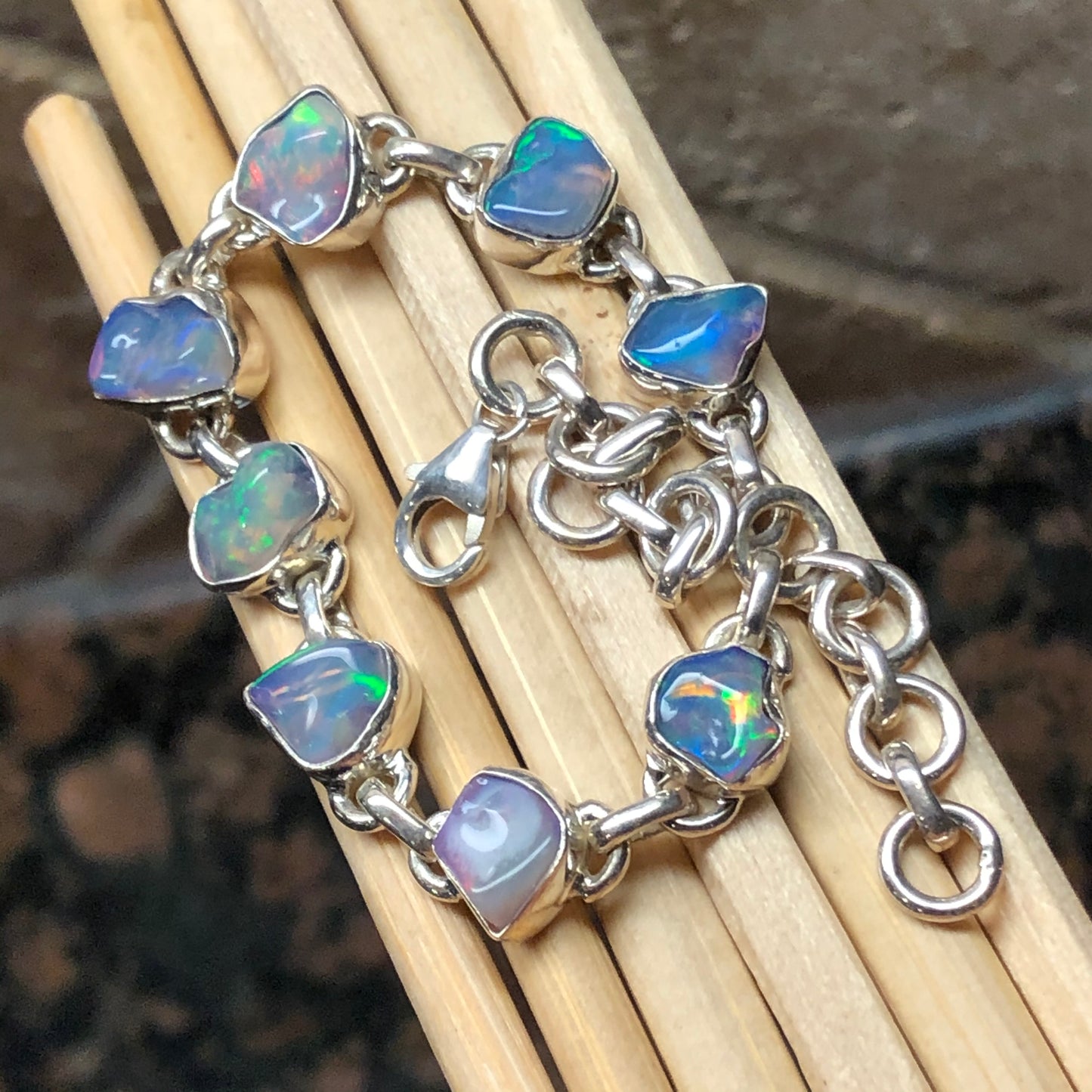 Genuine Ethiopian Opal 925 Solid Sterling Silver Unisex Bracelets 8" - Natural Rocks by Kala