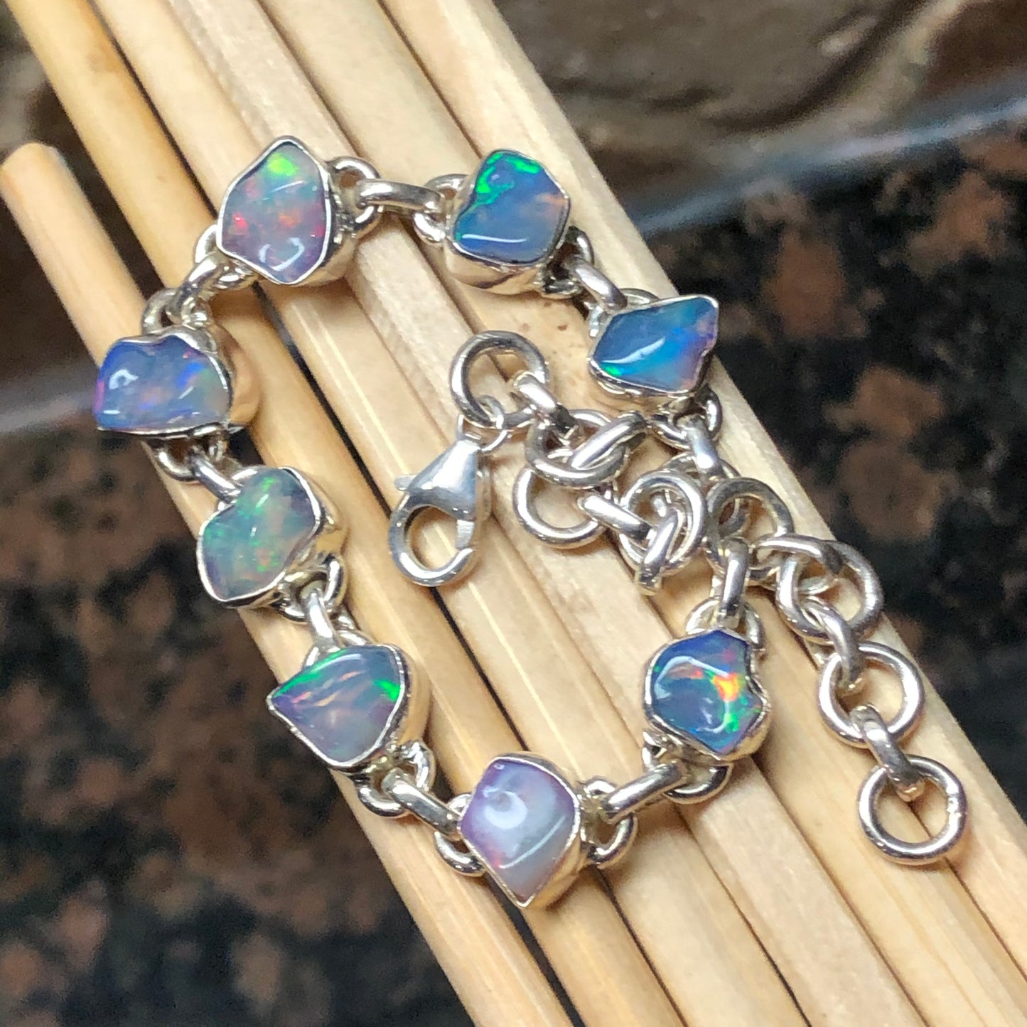 Genuine Ethiopian Opal 925 Solid Sterling Silver Unisex Bracelets 8" - Natural Rocks by Kala