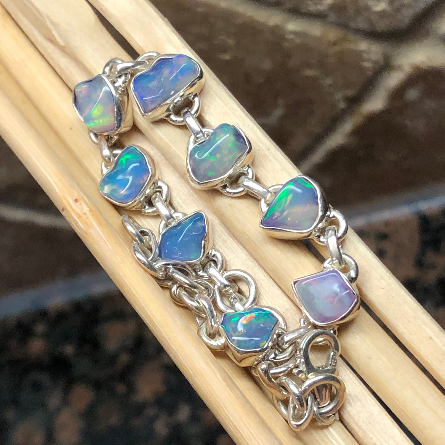 Genuine Ethiopian Opal 925 Solid Sterling Silver Unisex Bracelets 8" - Natural Rocks by Kala