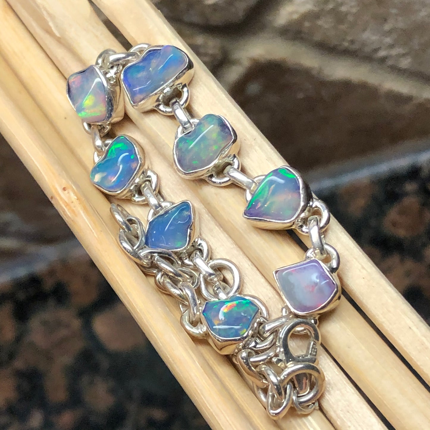 Genuine Ethiopian Opal 925 Solid Sterling Silver Unisex Bracelets 8" - Natural Rocks by Kala