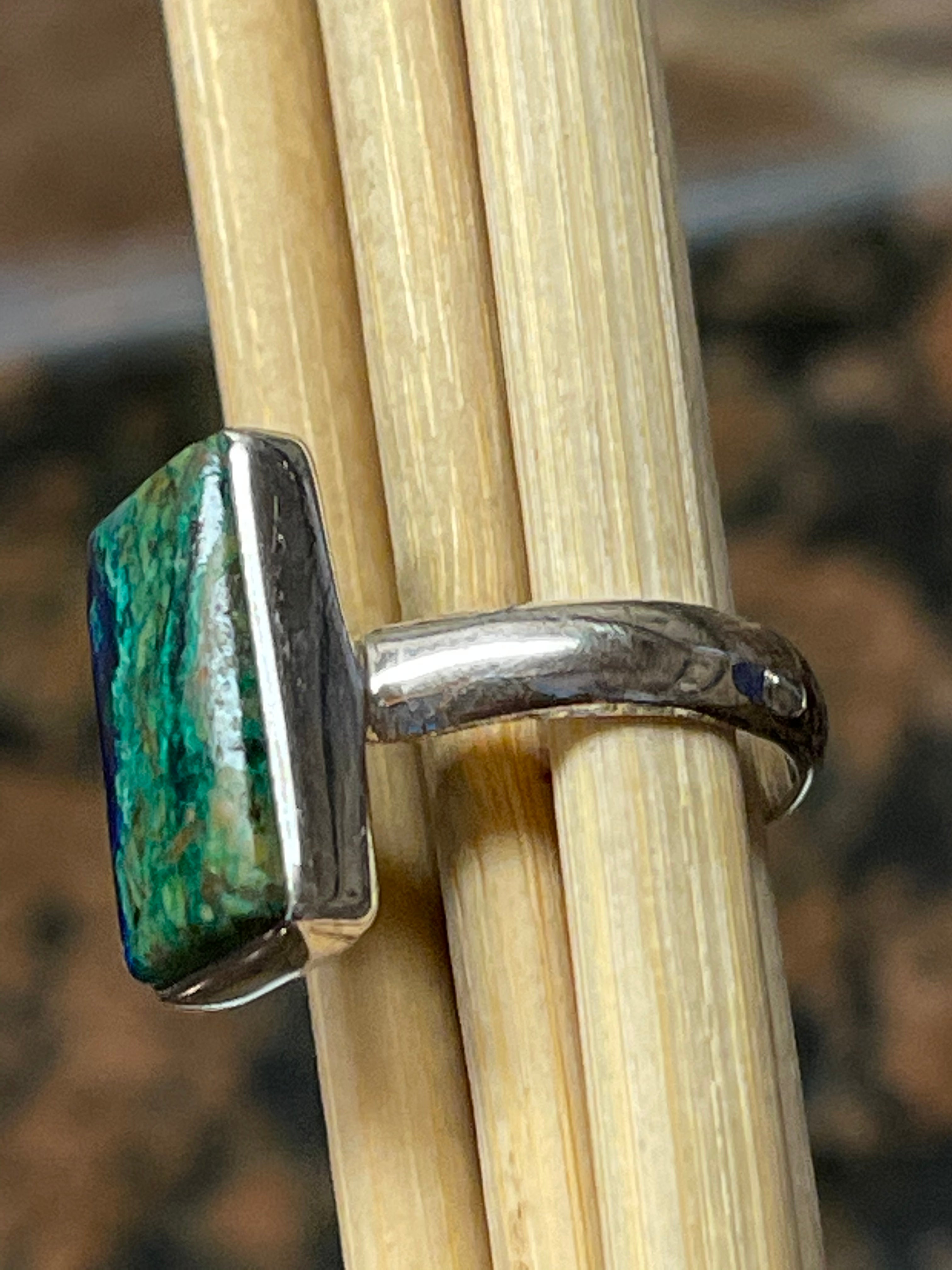 Natural Malachite in Azurite 925 Solid Sterling Silver Scenic Ring Size 6.5 - Natural Rocks by Kala