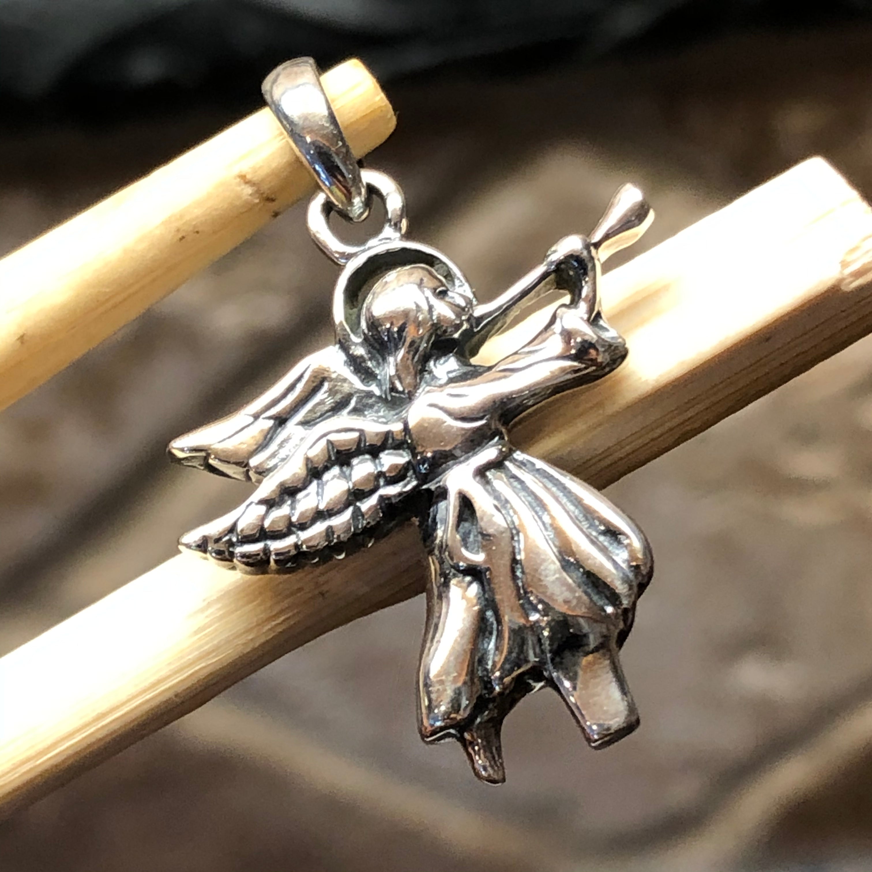 Music Trumpet Angel 925 Solid Sterling Silver Pendant 25mm - Natural Rocks by Kala