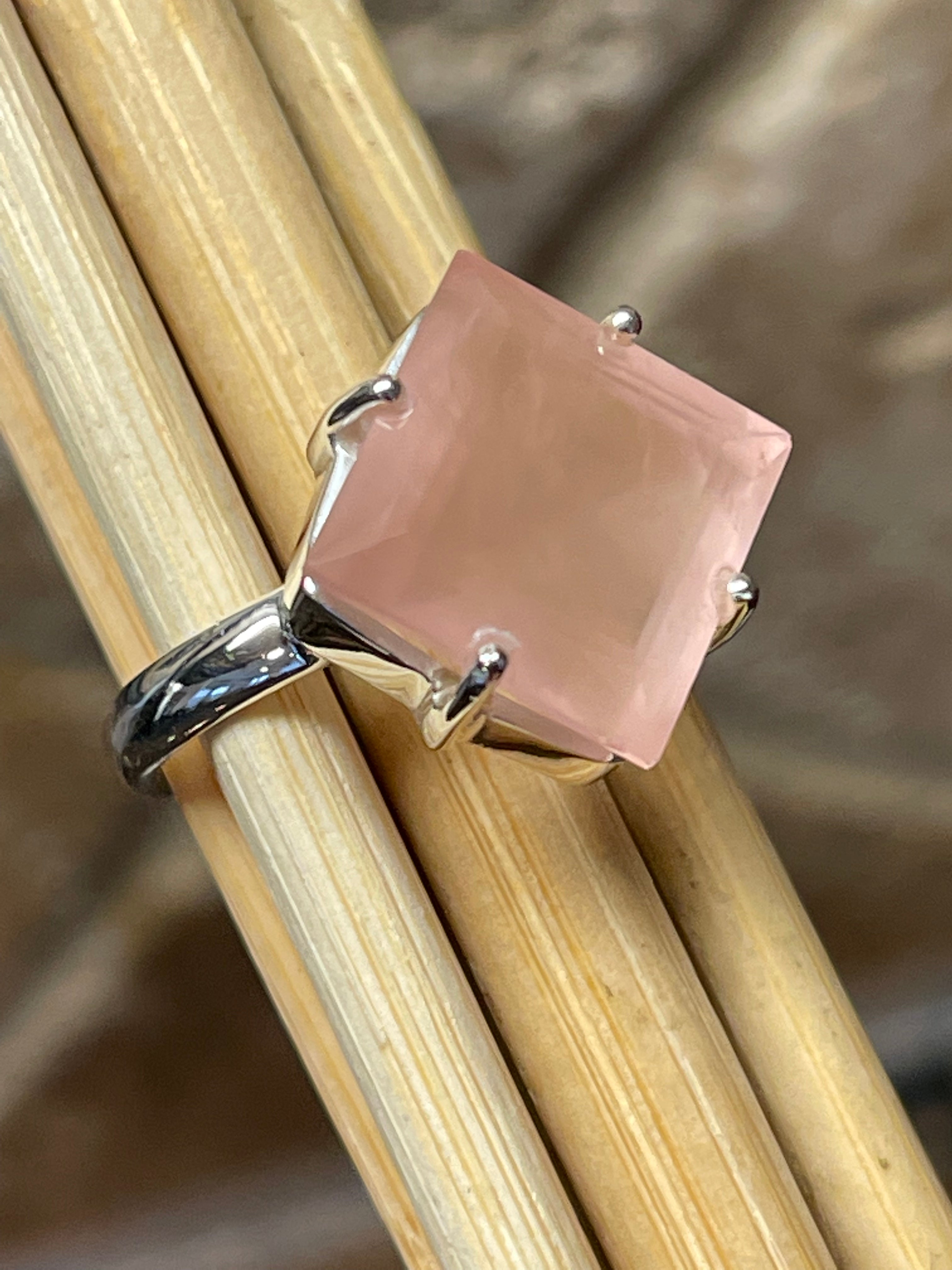 Natural Pink Rose Quartz 925 Sterling Silver Wedding Ring Size 8, 8.5 - Natural Rocks by Kala