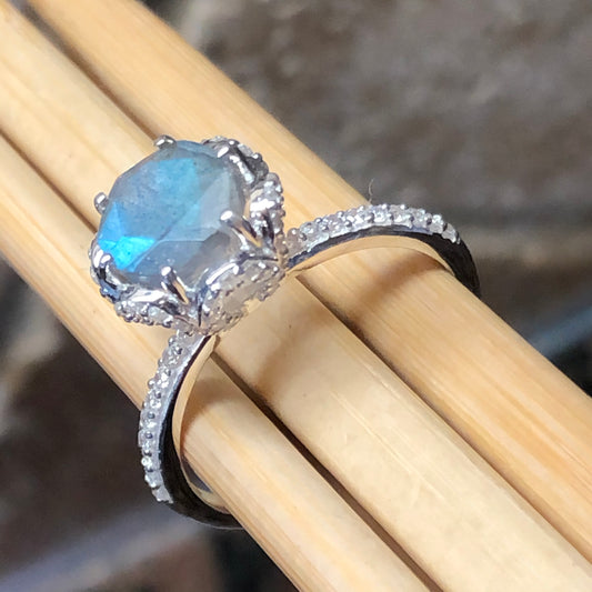 Natural Labradorite 925 Solid Sterling Silver Engagement Ring Size 5, 6, 7, 8, 9 - Natural Rocks by Kala