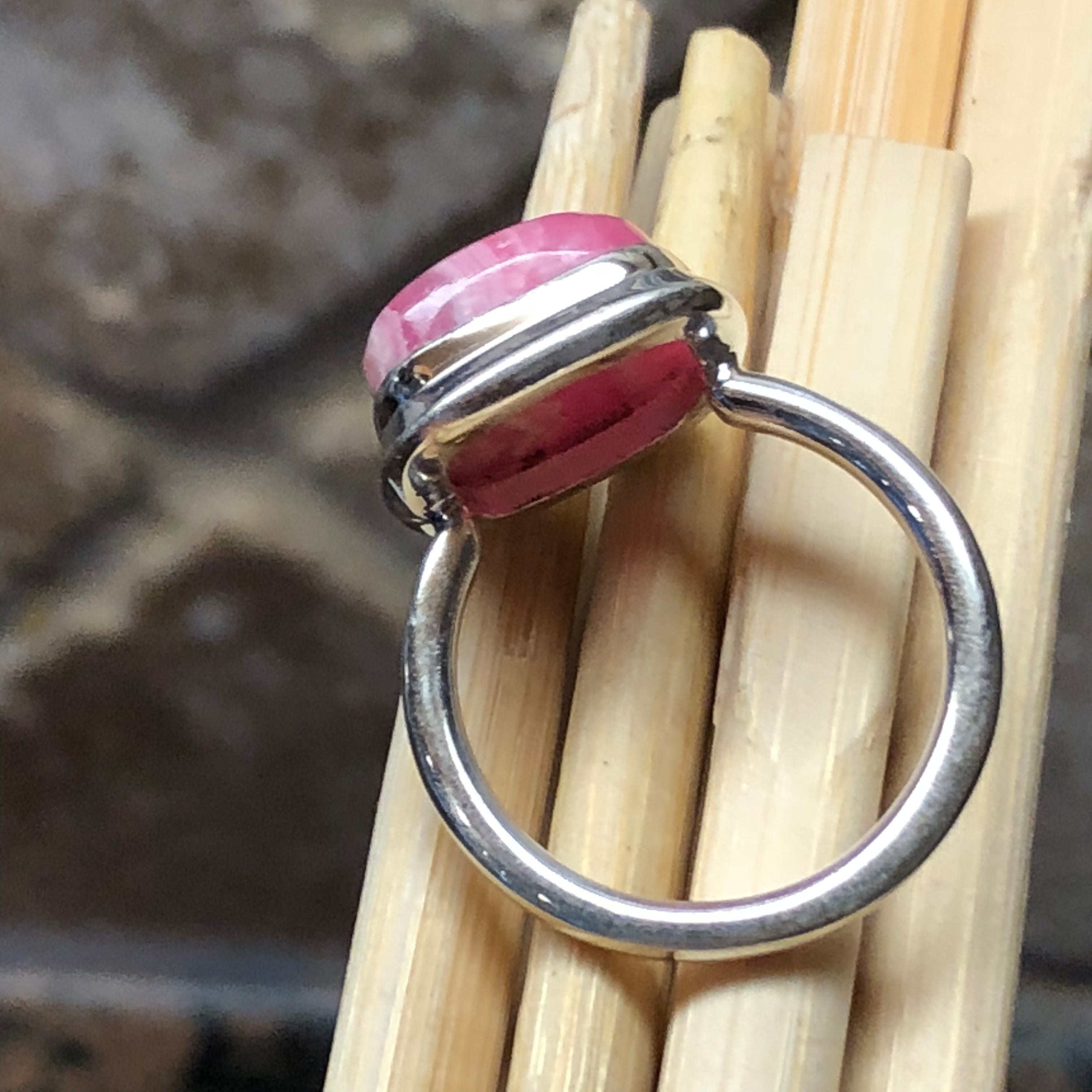 Natural Pink Rhodocrosite 925 Solid Sterling Silver Ring Size 7.75 - Natural Rocks by Kala