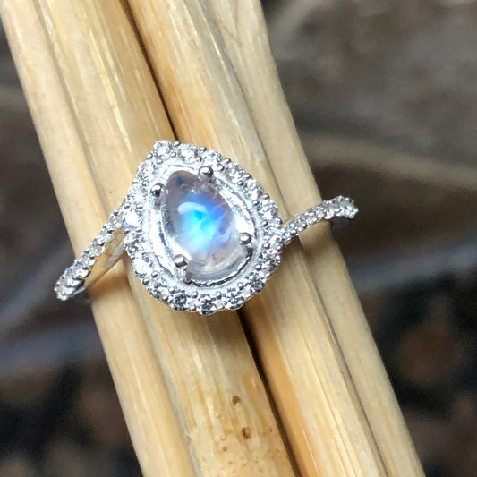 Genuine Rainbow Moonstone 925 Solid Sterling Silver Engagement Ring Size 6, 7, 8, 9 - Natural Rocks by Kala