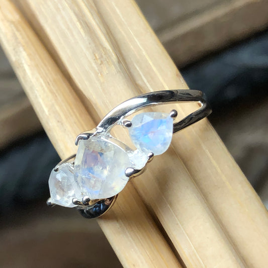 Genuine Rainbow Moonstone 925 Solid Sterling Silver Ring Size 6, 7, 8, 9 - Natural Rocks by Kala