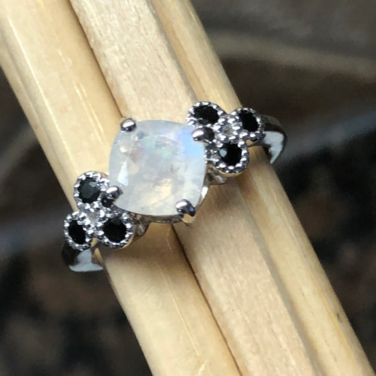 Natural 1ct Iolite, Rainbow Moonstone 925 Solid Sterling Silver Engagement Ring Size 6, 7, 8, 9 - Natural Rocks by Kala