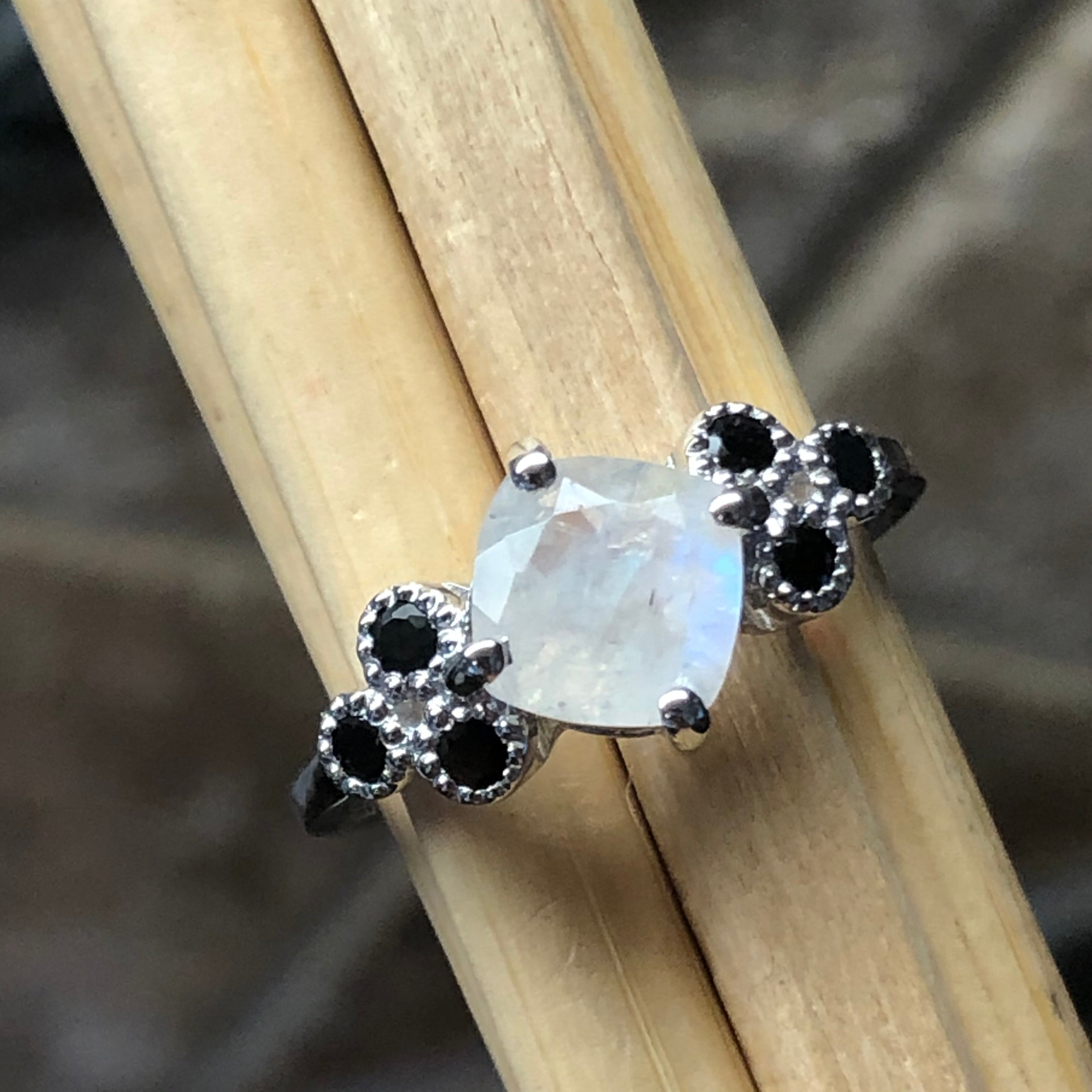 Natural 1ct Iolite, Rainbow Moonstone 925 Solid Sterling Silver Engagement Ring Size 6, 7, 8, 9 - Natural Rocks by Kala