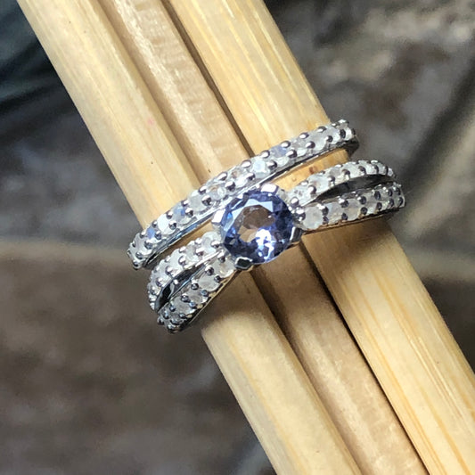 Genuine Blue Tanzanite, Moonstone 925 Solid Sterling Silver Engagement Ring Size 6, 7, 8, 9 - Natural Rocks by Kala