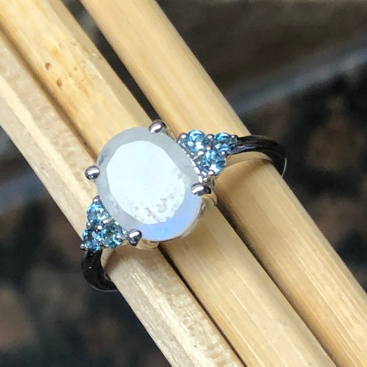 Natural Rainbow Moonstone, London Blue Topaz 925 Solid Sterling Silver Engagement Ring Size 6, 7, 8, 9 - Natural Rocks by Kala