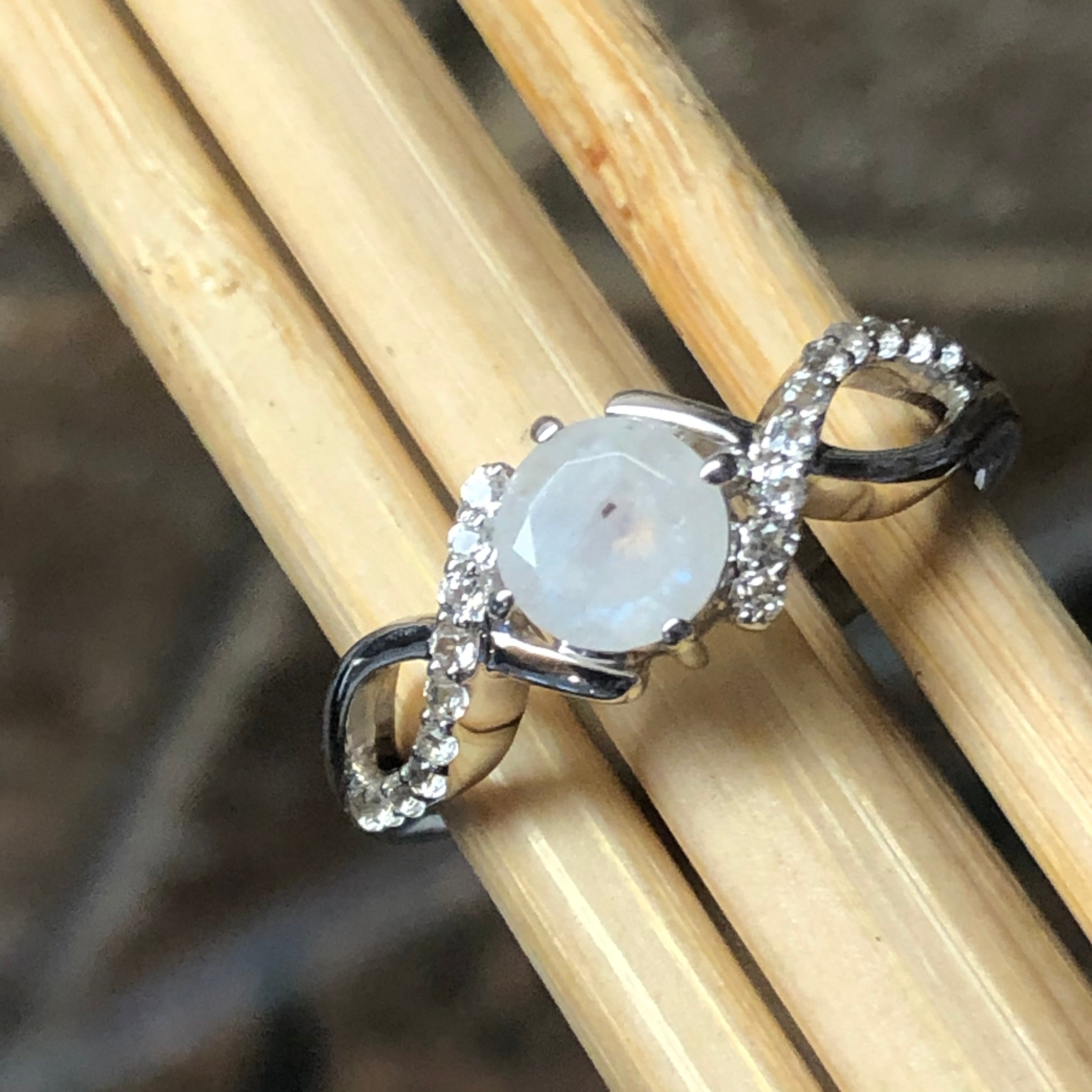 Genuine Rainbow Moonstone 925 Solid Sterling Silver Engagement Ring Size 6.25, 7.25, 8.25, 9.25 - Natural Rocks by Kala