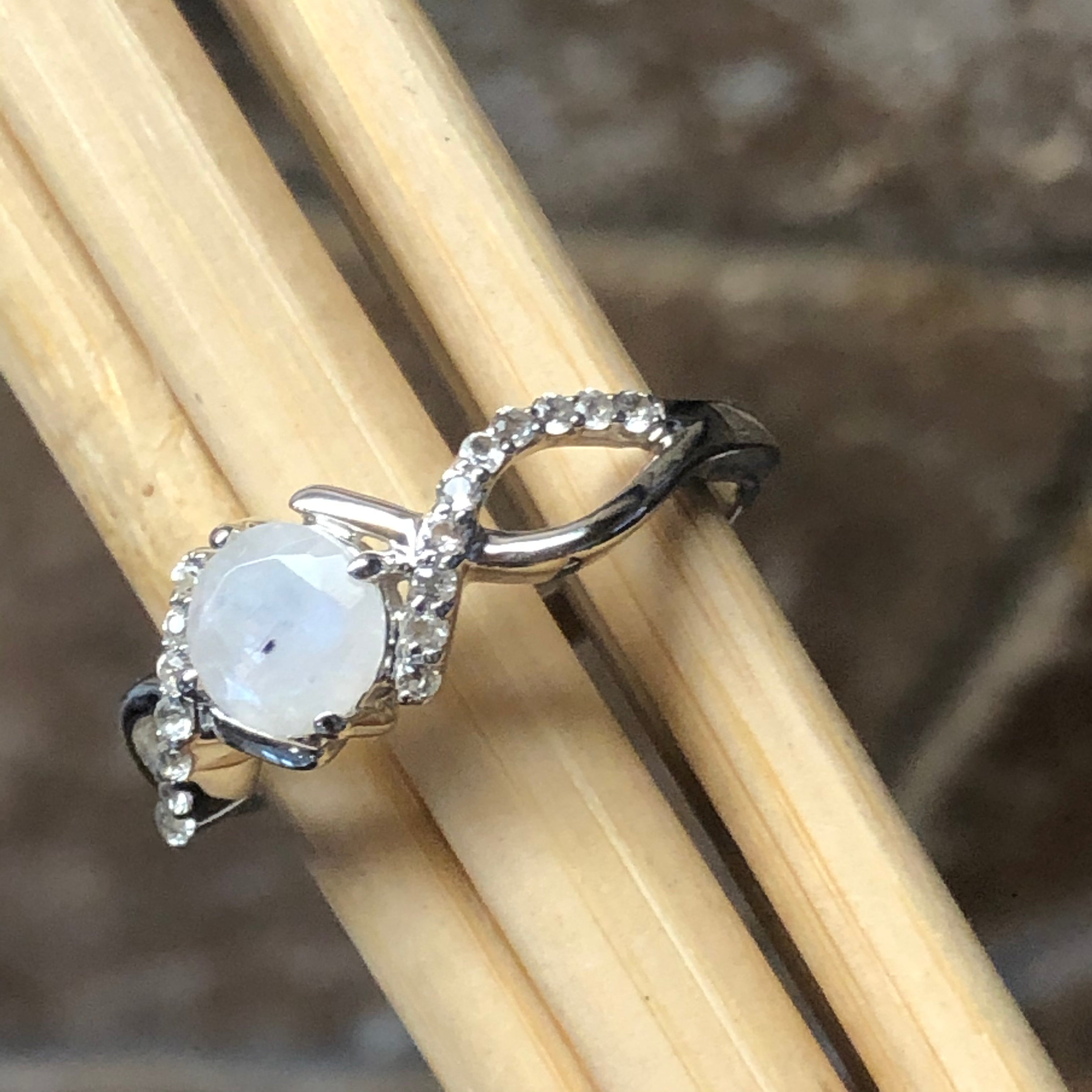 Genuine Rainbow Moonstone 925 Solid Sterling Silver Engagement Ring Size 6.25, 7.25, 8.25, 9.25 - Natural Rocks by Kala