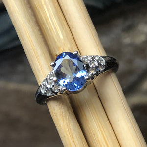 Genuine Blue Tanzanite, White Topaz 925 Solid Sterling Silver Engagement Ring Size 6.25, 7.25, 8.25, 9.25 - Natural Rocks by Kala