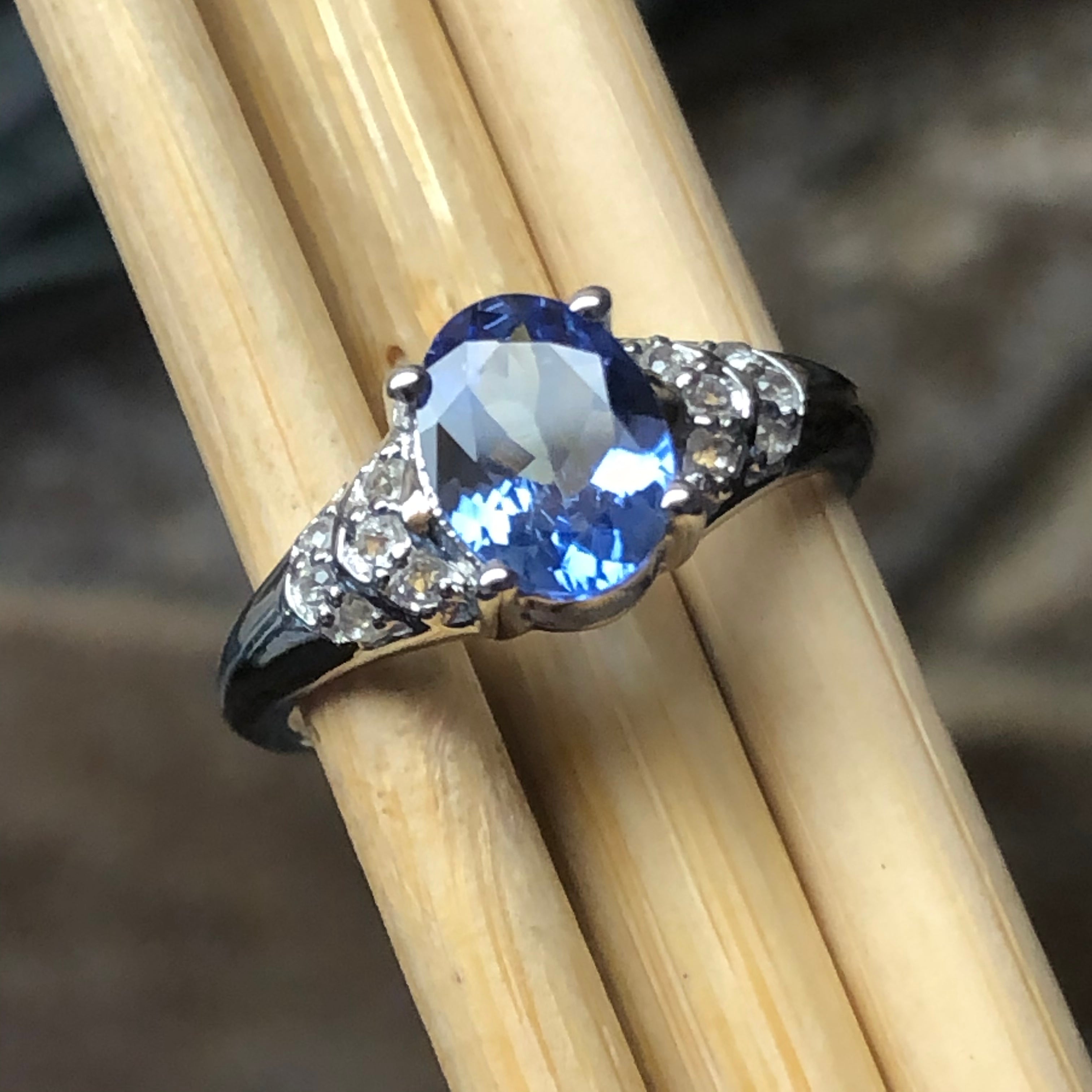 Genuine Blue Tanzanite, White Topaz 925 Solid Sterling Silver Engagement Ring Size 6.25, 7.25, 8.25, 9.25 - Natural Rocks by Kala