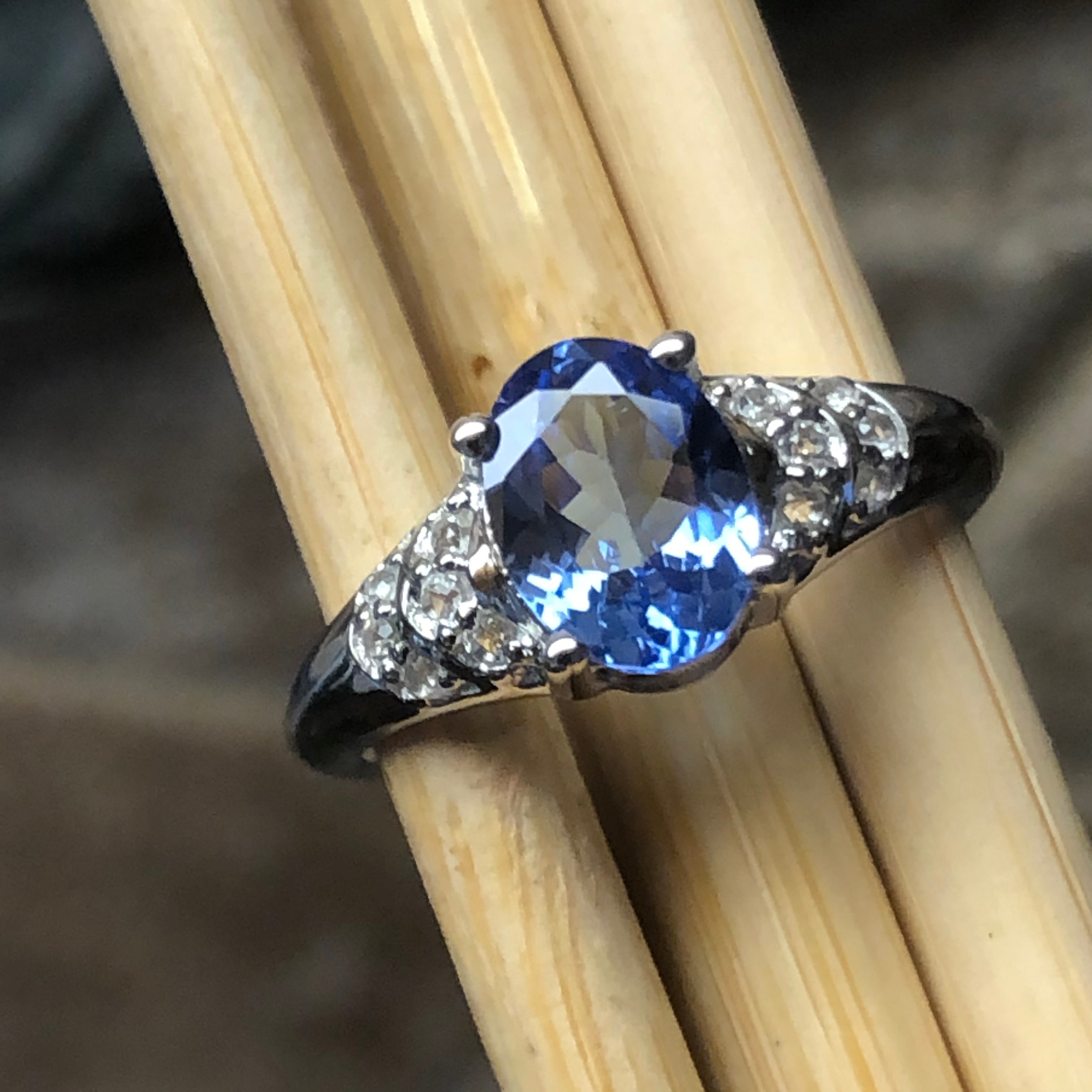 Genuine Blue Tanzanite, White Topaz 925 Solid Sterling Silver Engagement Ring Size 6.25, 7.25, 8.25, 9.25 - Natural Rocks by Kala