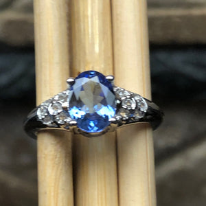 Genuine Blue Tanzanite, White Topaz 925 Solid Sterling Silver Engagement Ring Size 6.25, 7.25, 8.25, 9.25 - Natural Rocks by Kala