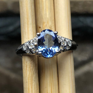 Genuine Blue Tanzanite, White Topaz 925 Solid Sterling Silver Engagement Ring Size 6.25, 7.25, 8.25, 9.25 - Natural Rocks by Kala