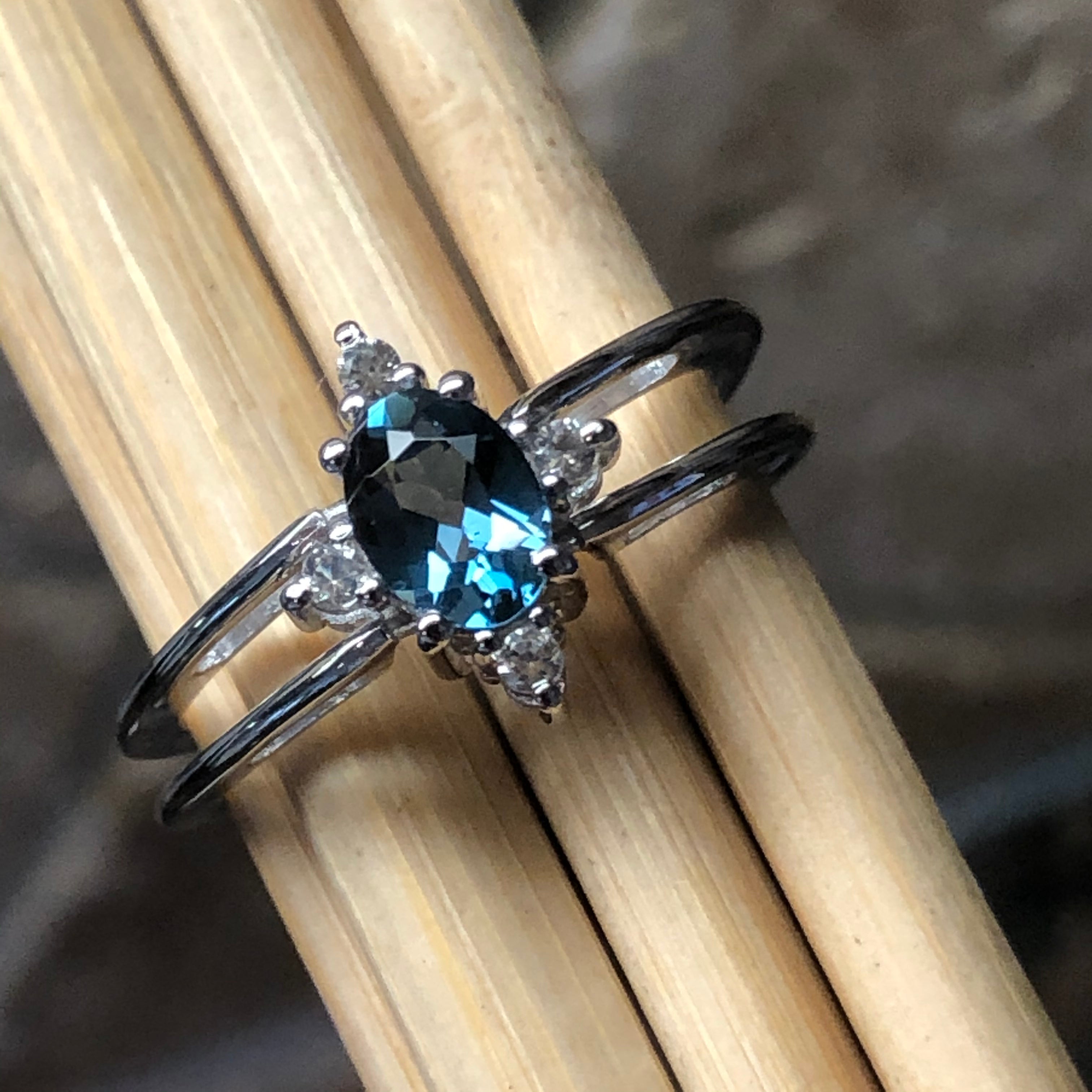 Genuine London Blue Topaz, Rainbow Moonstone 925 Solid Sterling Silver Engagement Ring Size 6, 7, 8, 9 - Natural Rocks by Kala