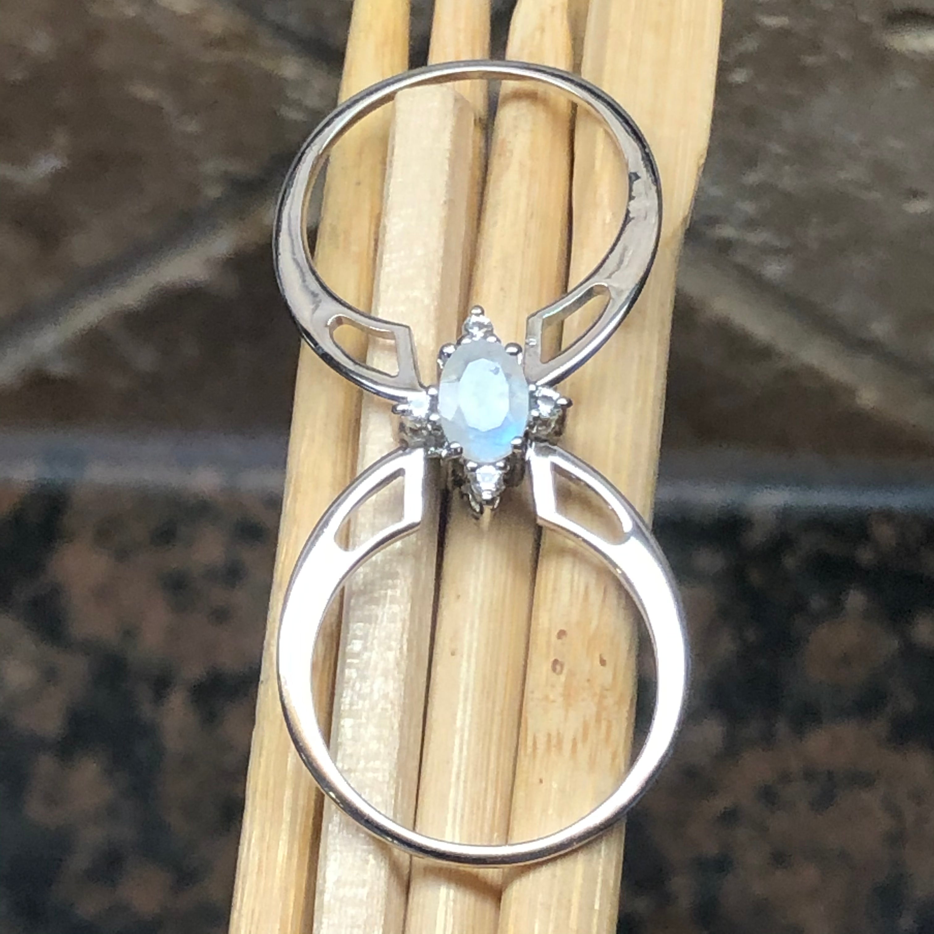 Genuine London Blue Topaz, Rainbow Moonstone 925 Solid Sterling Silver Engagement Ring Size 6, 7, 8, 9 - Natural Rocks by Kala