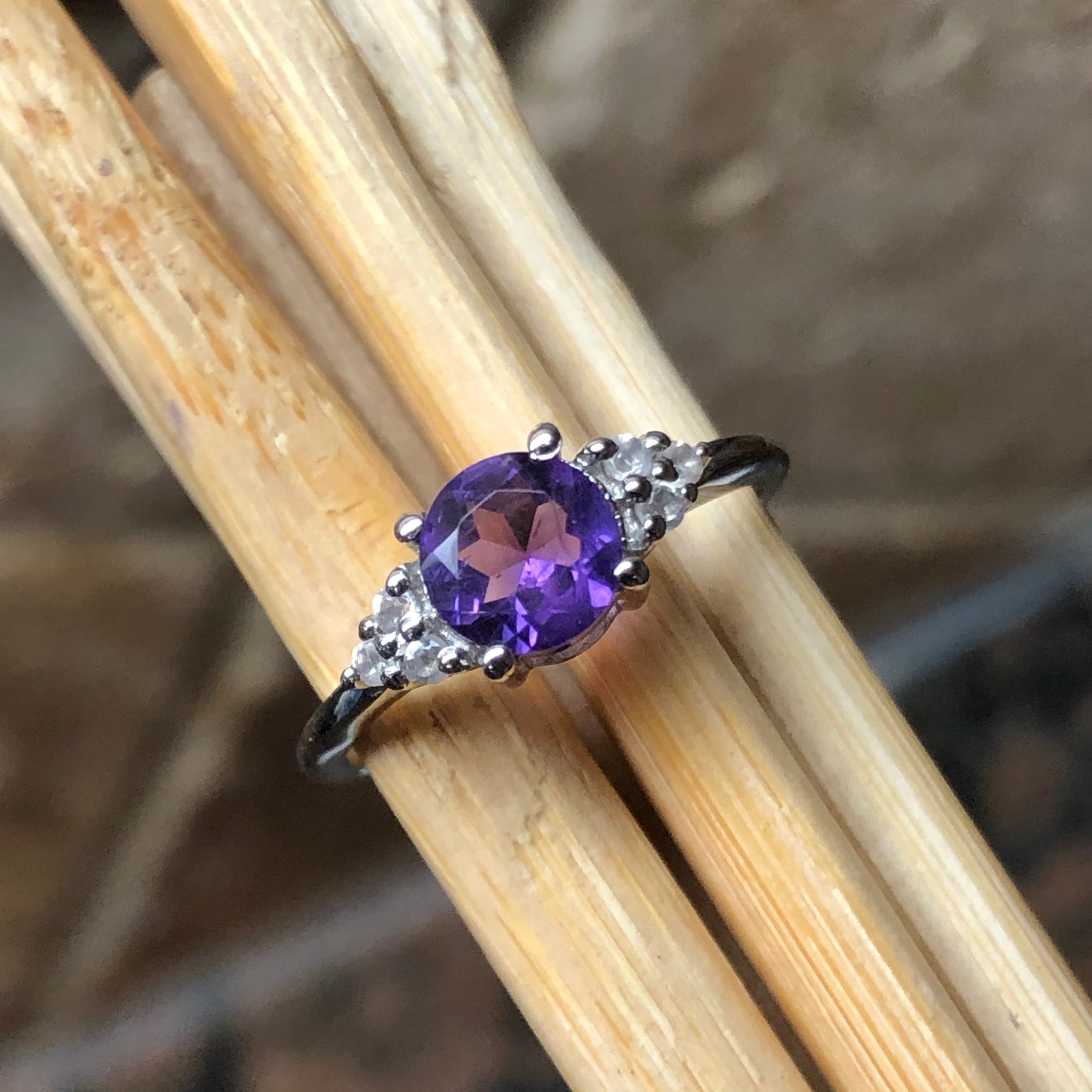 Natural 1ct Purple Amethyst, White Topaz 925 Solid Sterling Silver Engagement Ring Size 6, 7, 8, 9 - Natural Rocks by Kala