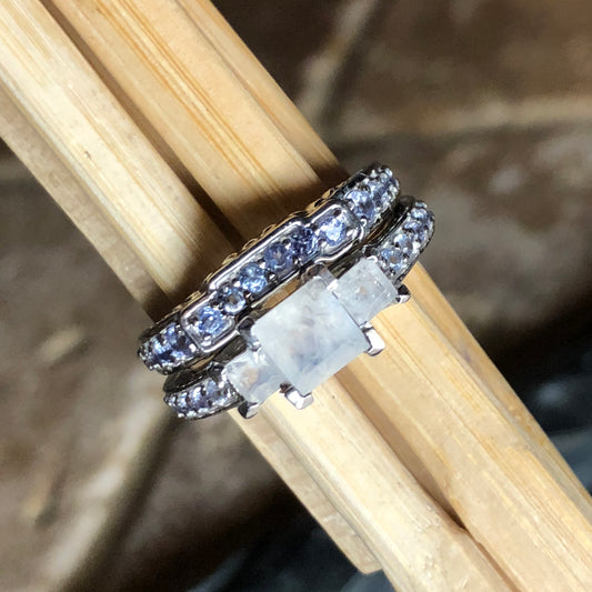 Genuine Blue Tanzanite, Moonstone 925 Solid Sterling Silver Engagement Ring Size 5, 6, 7, 8, 9 - Natural Rocks by Kala