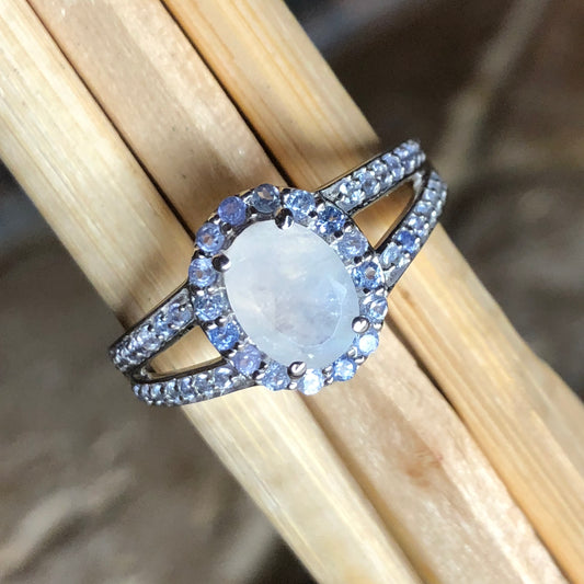 Genuine Rainbow Moonstone, Tanzanite 925 Solid Sterling Silver Engagement Ring Size 6.25, 7.25, 8.5, 9.5 - Natural Rocks by Kala
