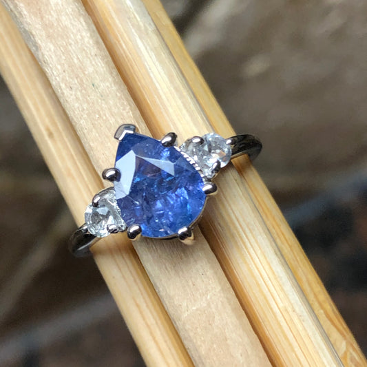 Genuine Tanzanite, White Topaz 925 Solid Sterling Silver Engagement Ring Size 5, 6, 7, 8, 9 - Natural Rocks by Kala