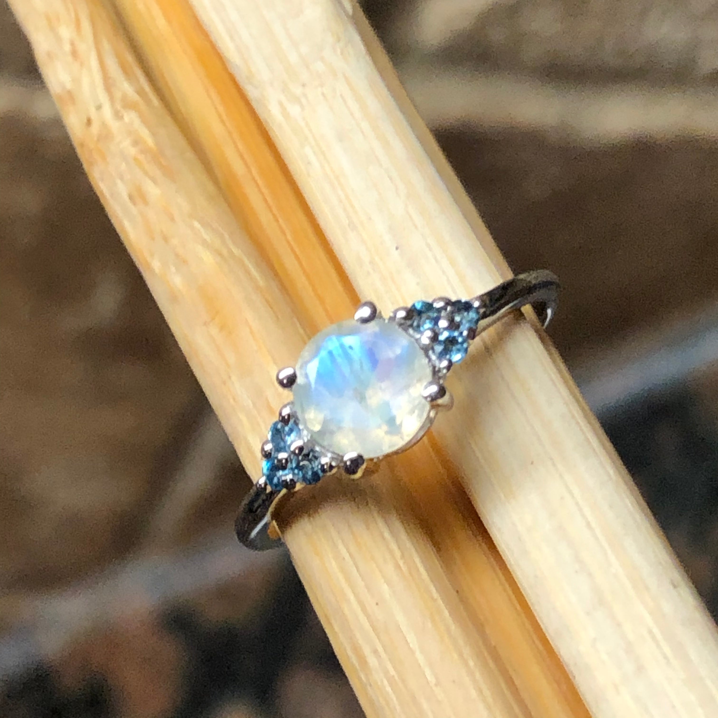 Genuine Rainbow Moonstone, London Blue Topaz 925 Solid Sterling Silver Engagement Ring Size 5, 6, 7, 8, 9 - Natural Rocks by Kala