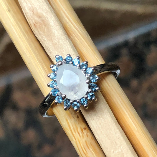 Natural Rainbow Moonstone, Blue Topaz 925 Solid Sterling Silver Ring Size 6, 7, 8, 9 - Natural Rocks by Kala