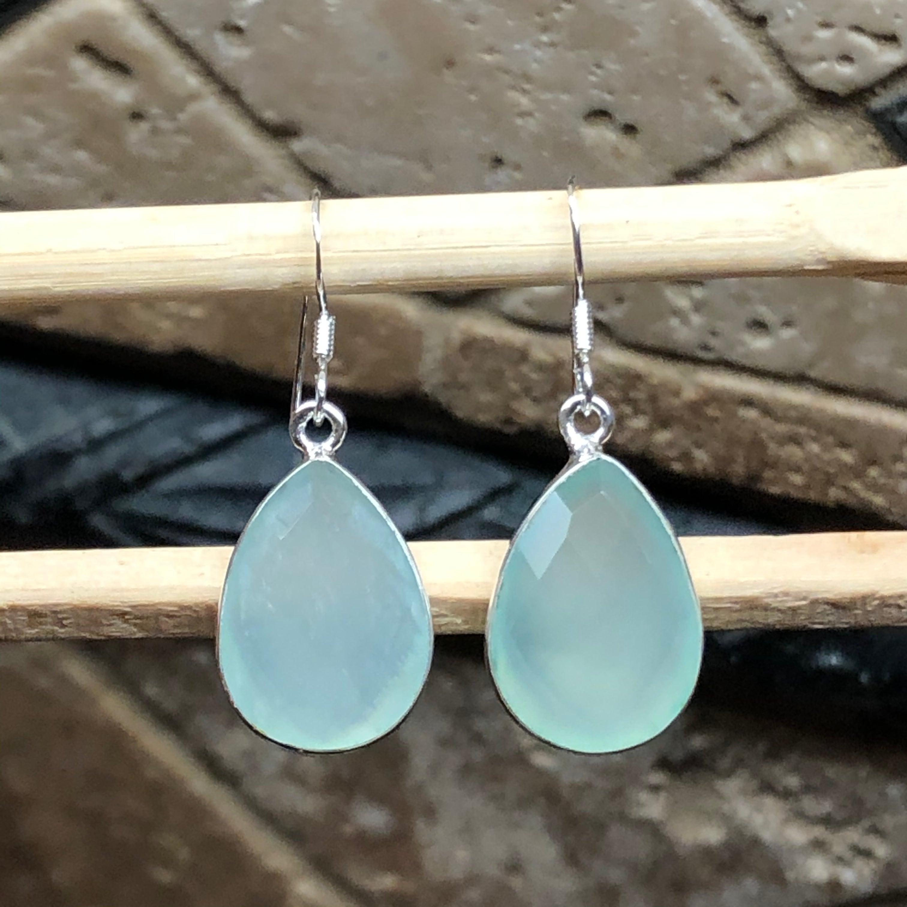 Natural Aqua Chalcedony 925 Solid Sterling Silver Earrings 30mm - Natural Rocks by Kala