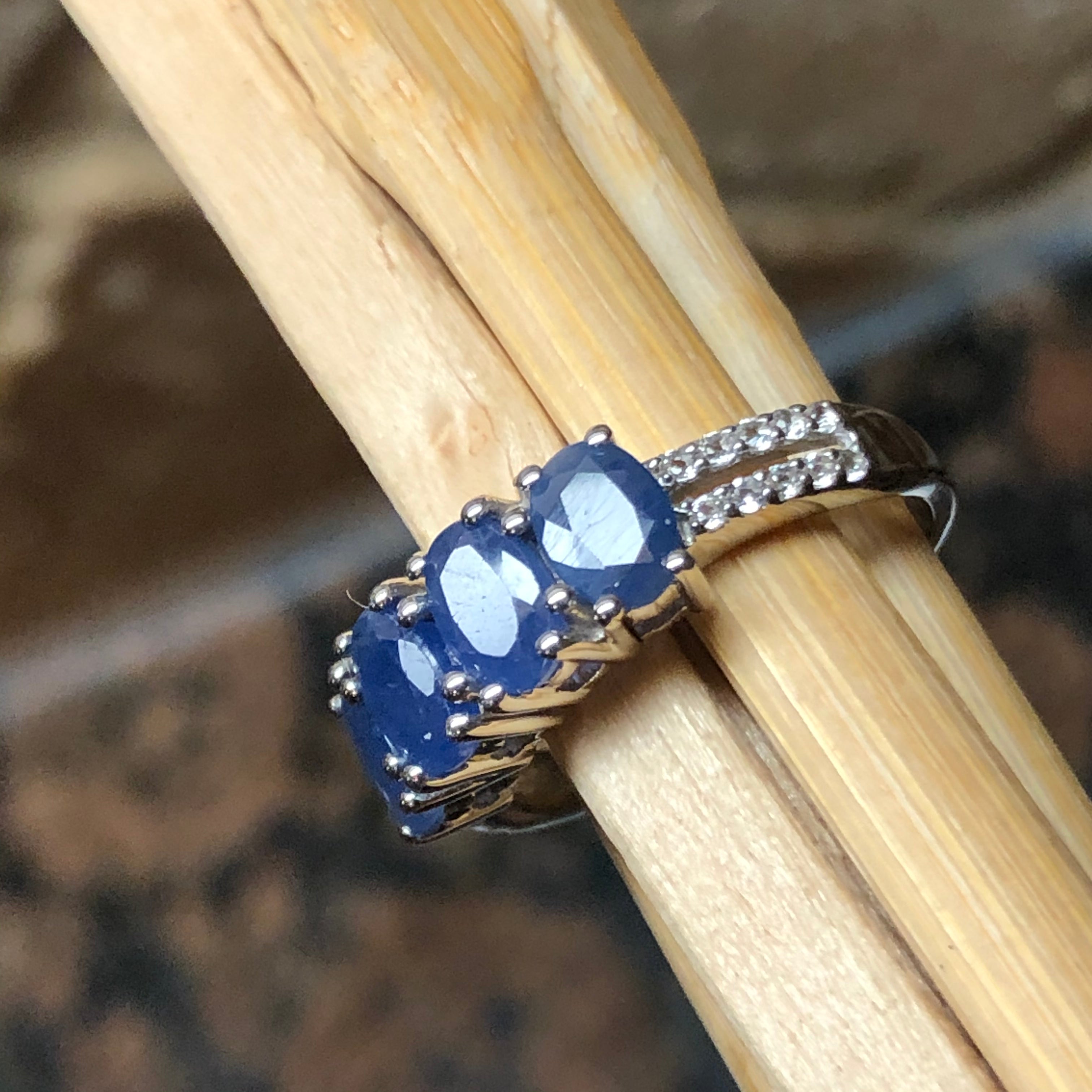 Natural Blue Sapphire 925 Solid Sterling Silver Ring Size 6, 7, 8, 9 - Natural Rocks by Kala