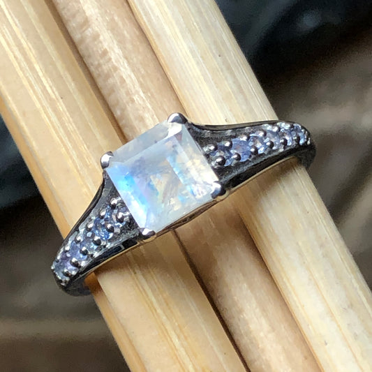 Genuine Rainbow Moonstone, Tanzanite 925 Solid Sterling Silver Ring Size 6.25, 7.25, 8.25 - Natural Rocks by Kala