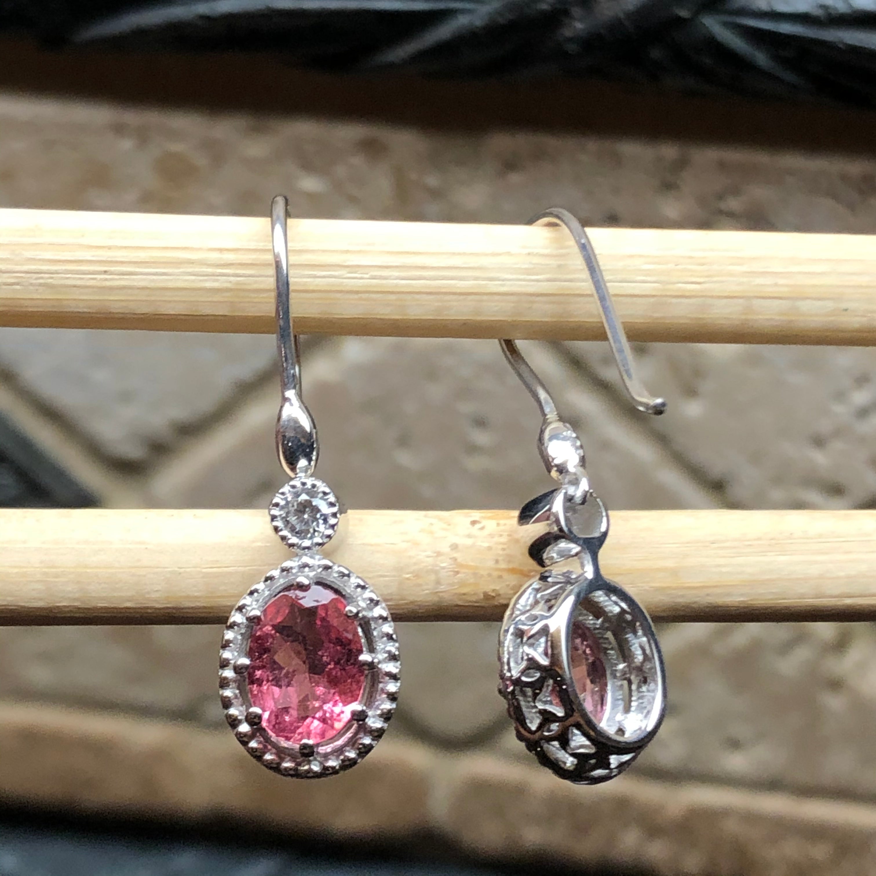 Natural 4ct Pink Tourmaline 925 Solid Sterling Silver Earrings 30mm - Natural Rocks by Kala
