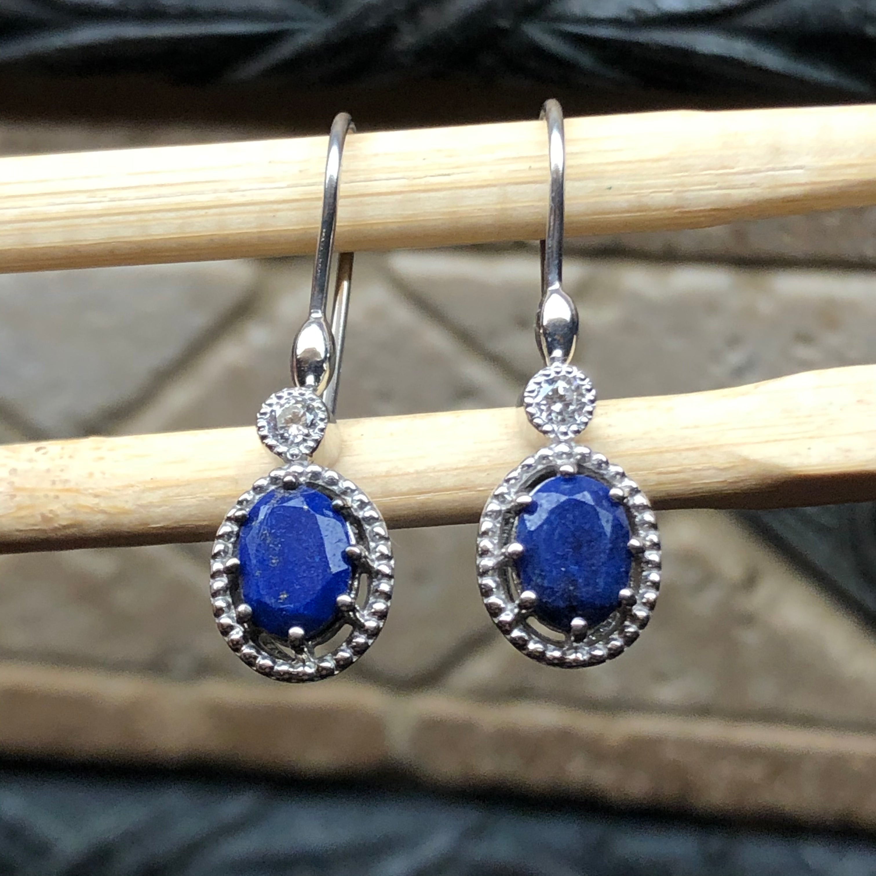 Genuine Blue Lapis Lazuli 925 Solid Sterling Silver Earrings 30mm - Natural Rocks by Kala