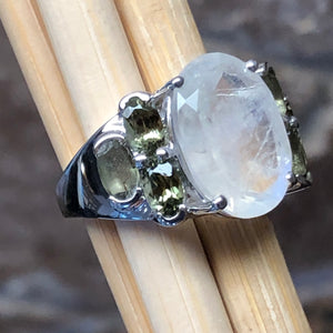 Genuine Rainbow Moonstone, Green Toumaline 925 Solid Sterling Silver Wedding Ring Size 6, 7, 8, 9 - Natural Rocks by Kala