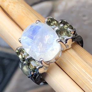 Genuine Rainbow Moonstone, Green Toumaline 925 Solid Sterling Silver Wedding Ring Size 6, 7, 8, 9 - Natural Rocks by Kala
