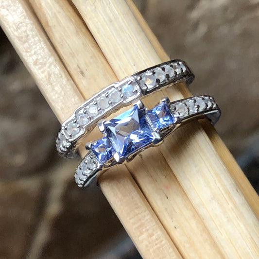 Genuine Blue Tanzanite, Moonstone 925 Solid Sterling Silver Engagement Ring Size 6, 7, 8, 9 - Natural Rocks by Kala