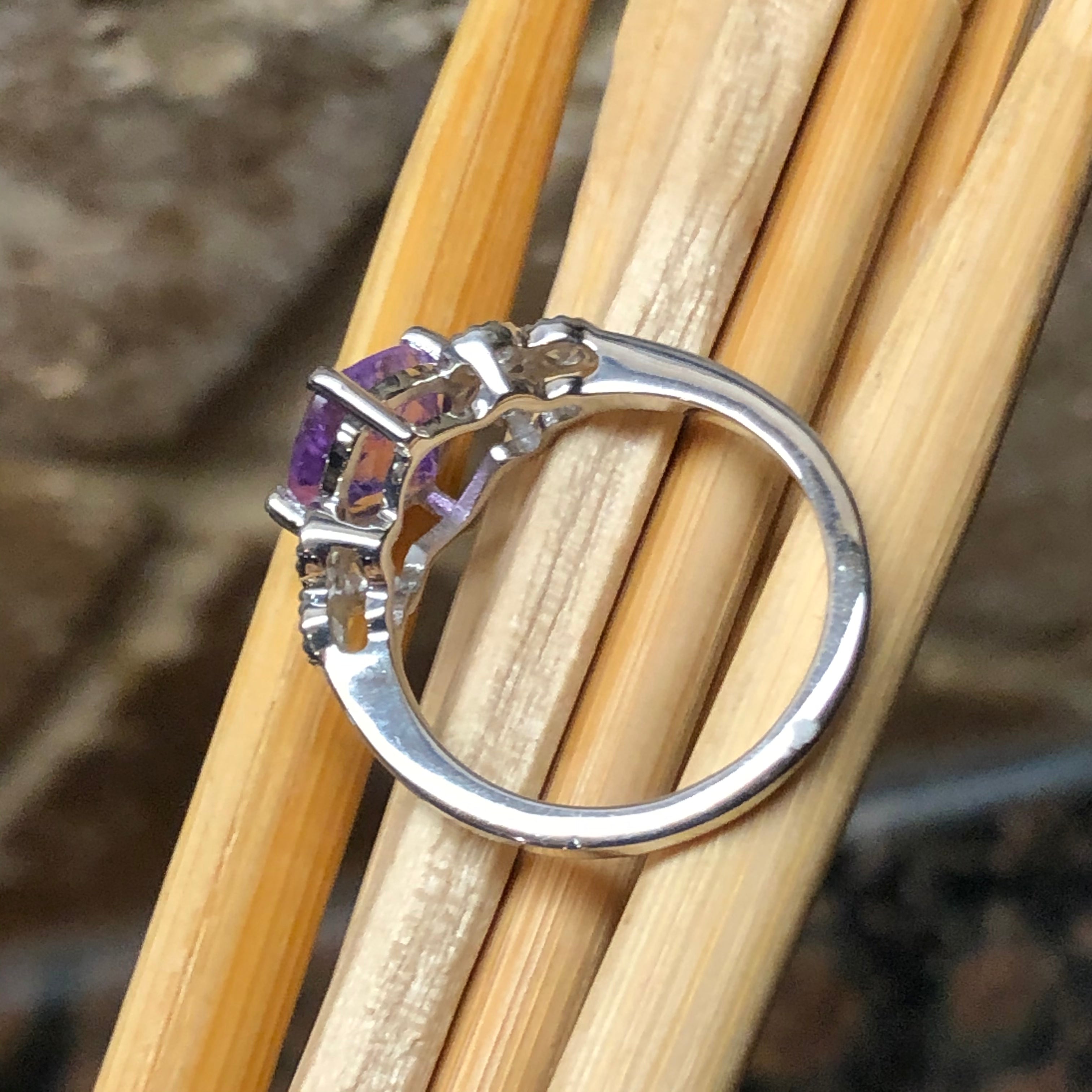 Natural 1ct Purple Amethyst, Moonstone 925 Solid Sterling Silver Engagement Ring Size 6, 7, 8, 9 - Natural Rocks by Kala