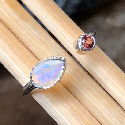 Natural Ethiopian Opal, Garnet 925 Solid Sterling Silver Ring Size 6, 7, 8 - Natural Rocks by Kala