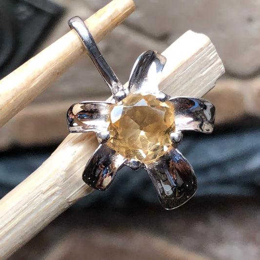 Natural 1.5ct Golden Citrine 925 Solid Sterling Silver Flower Pendant 24mm - Natural Rocks by Kala