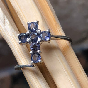 Natural Iolite 925 Solid Sterling Silver Cross Ring Size 6, 7, 8, 9 - Natural Rocks by Kala