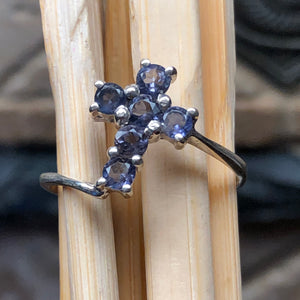 Natural Iolite 925 Solid Sterling Silver Cross Ring Size 6, 7, 8, 9 - Natural Rocks by Kala