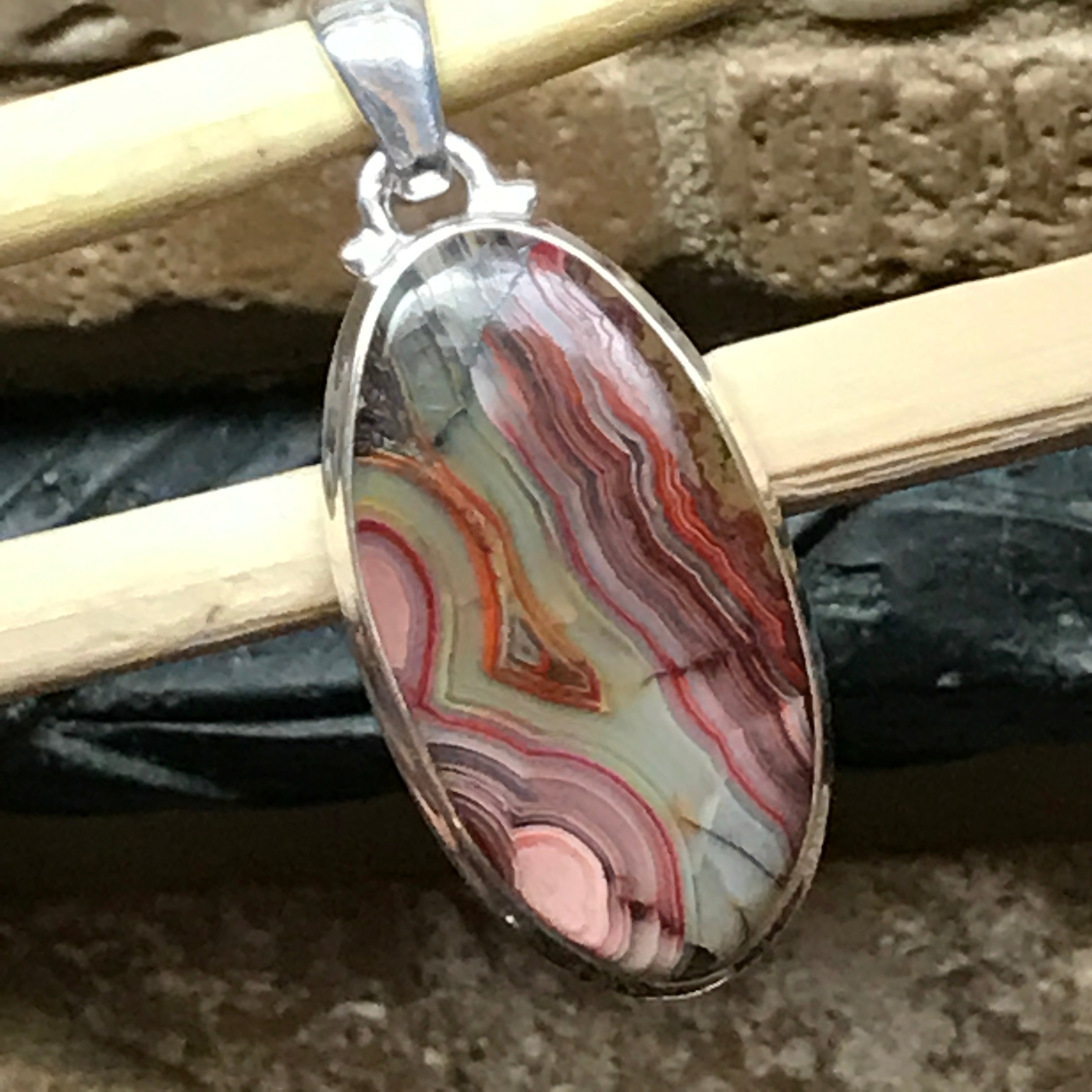 Natural Laguna Lace agate 925 Solid Sterling Silver Pendant 40mm - Natural Rocks by Kala