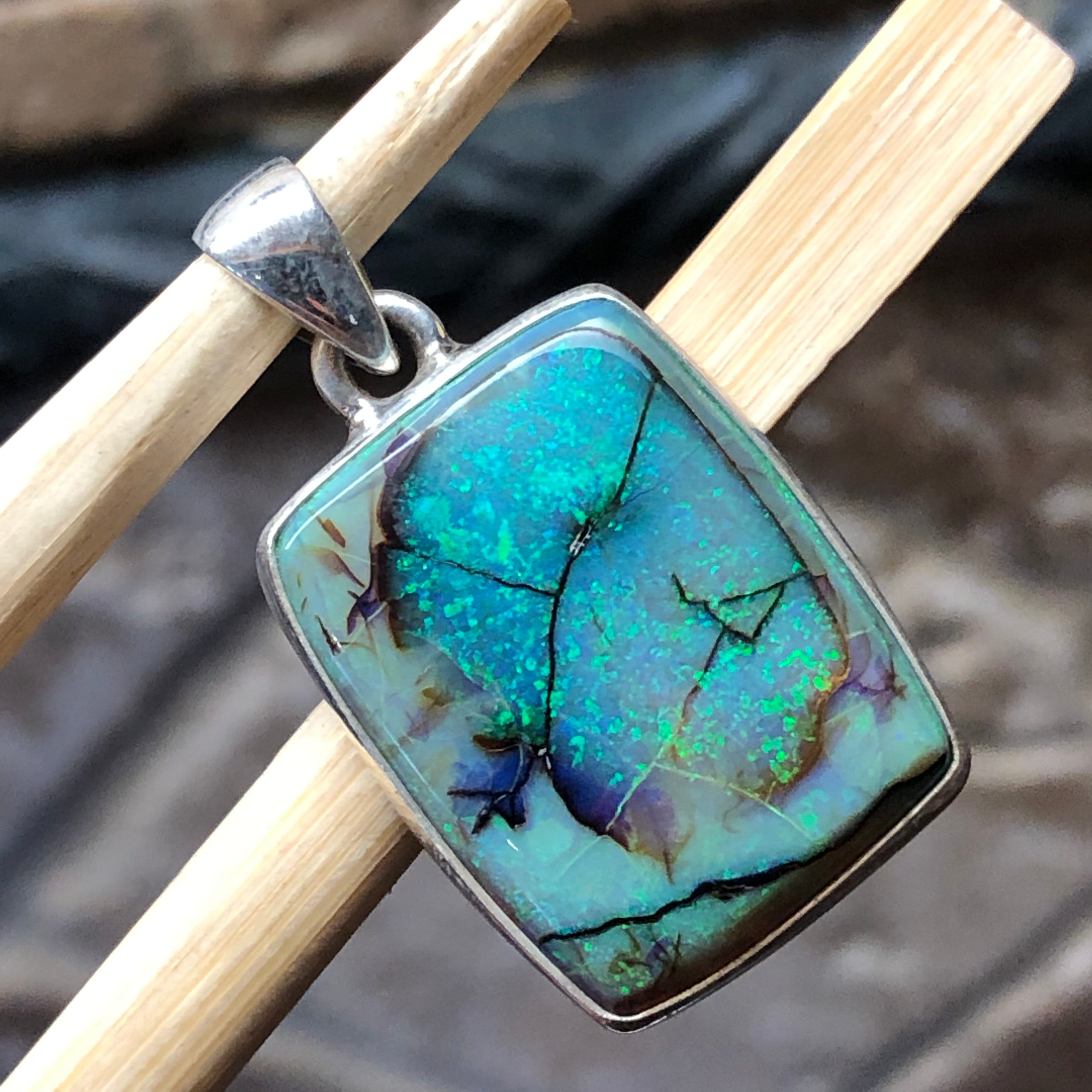 Genuine Sterling Green and Pink Opal 925 Solid Sterling Silver Unisex Pendant 25mm - Natural Rocks by Kala