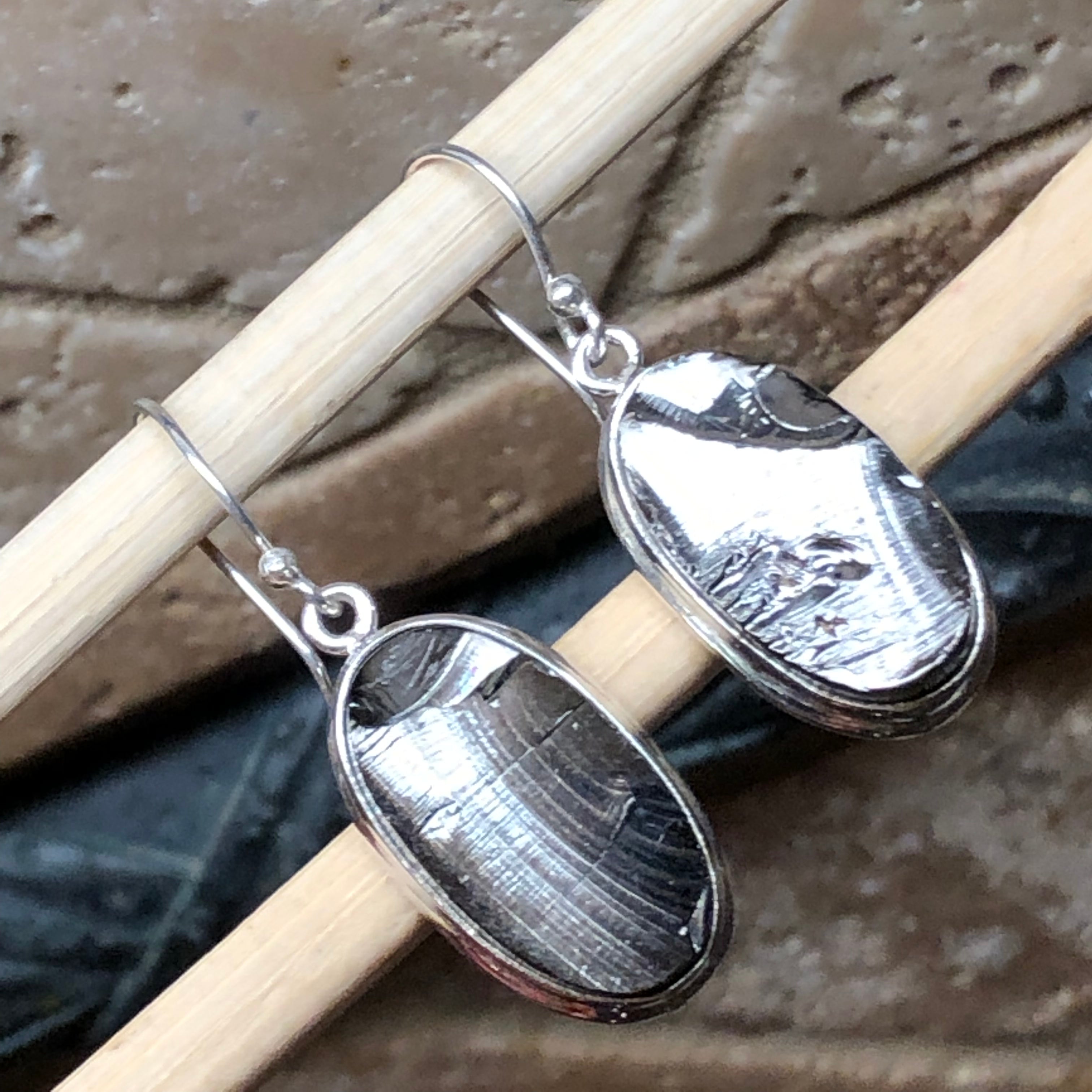 Natural Shungite 925 Solid Sterling Silver Earrings 35mm - Natural Rocks by Kala